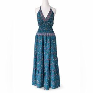 Boho Floral Smocked Waist Maxi Dress L Beach Festival Resort